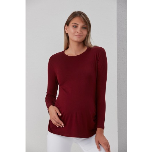 0362-Viscose Belted Plain Maternity Long Sleeve T-Shirt
