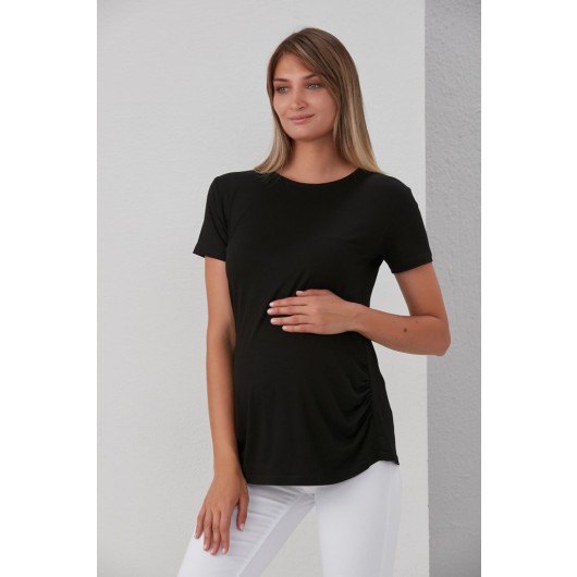 0788-Viscose Belted Plain Maternity Short Sleeve T-Shirt