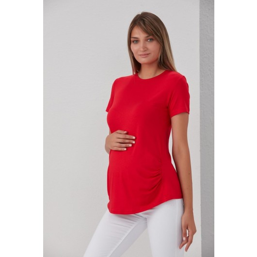 0788-Viscose Belted Plain Maternity Short Sleeve T-Shirt