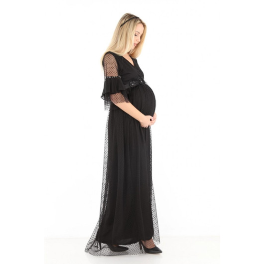 2889-Pregnant Polka Dot Tulle Evening Dress