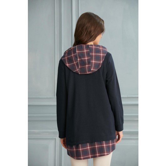 3077-Plaid Combination Maternity Hooded Combed Cotton Tunic