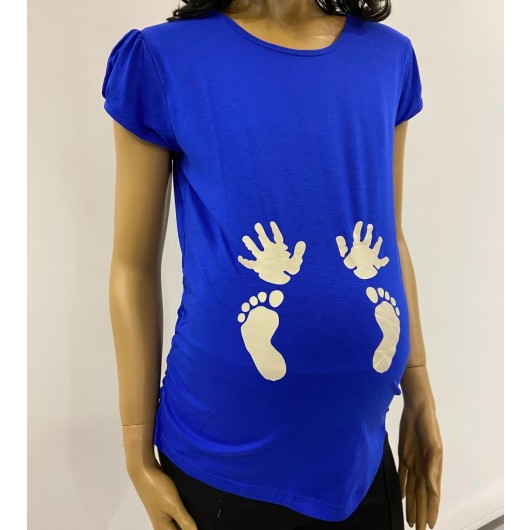 3154-Hand Foot Printed Pregnant Humorous T-Shirt