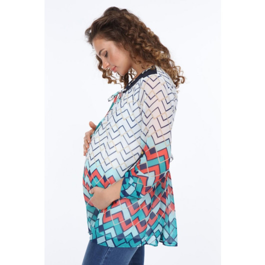 4079-Geometric Pattern Three Quarter Sleeve Maternity Chiffon Blouse