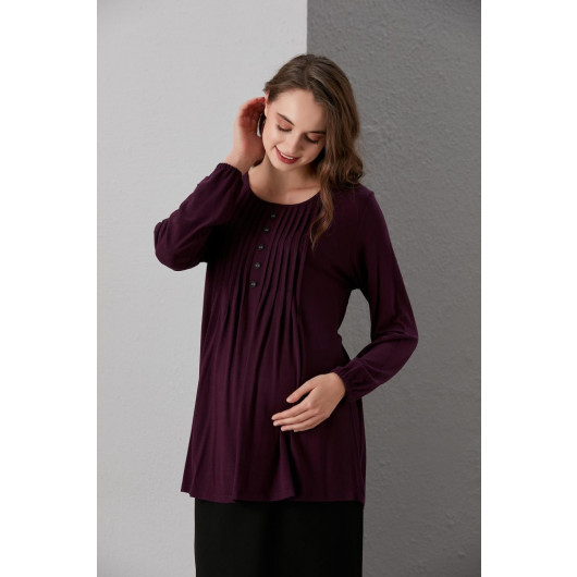 4083-Round Button Mercerized Maternity Blouse