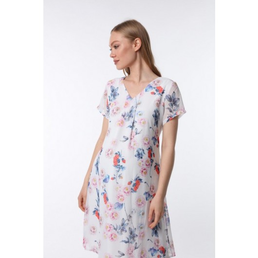 4487-Pleat Collar White Rose Short Sleeve Mini Maternity Dress