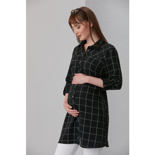 4503-Plaid Oblique Cut Maternity Shirt-Tunic