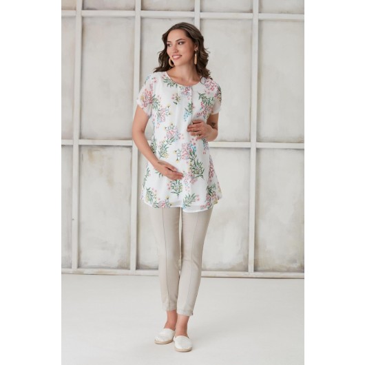 4512-Pleat Collar Floral Patterned Maternity Chiffon Blouse