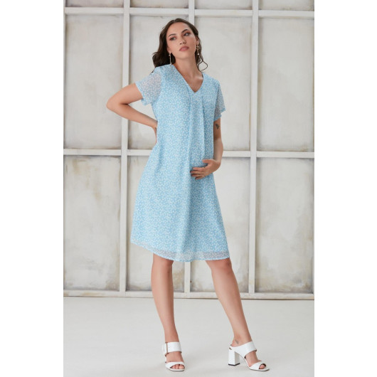 4521-Pleated V-Neck Heart Pattern Maternity Mini Chiffon Dress