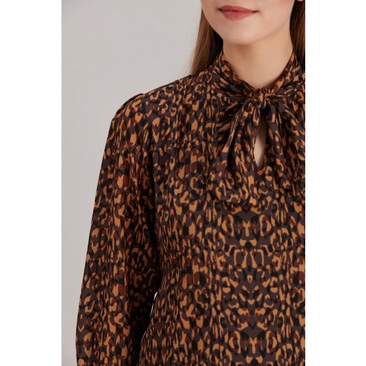 5065-Flared Collar Leopard Pattern Maternity Crep Chiffon Tunic-Dress