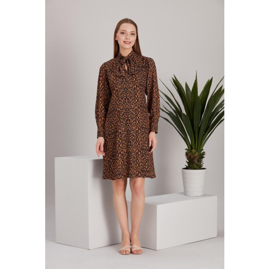 5065-Flared Collar Leopard Pattern Maternity Crep Chiffon Tunic-Dress