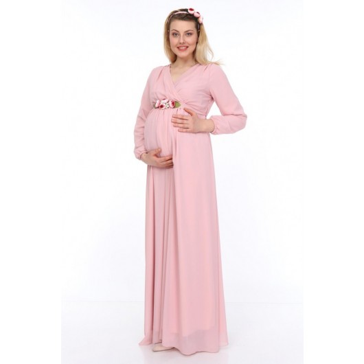 Maternity Peony Belt Long Sleeve Chiffon Dress