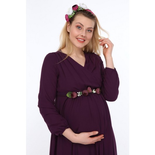 Maternity Peony Belt Long Sleeve Chiffon Dress