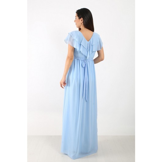 6019-Double Pleated Collar Pearl Belt Evening Dress Maxi Dress