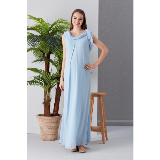 8236-Double Plunging Back Lace Maternity Chiffon Dress