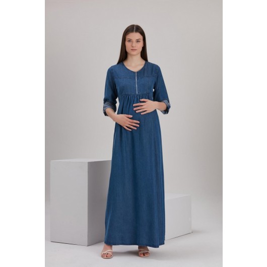 Breastfeeding Detailed Zipper Collar Tencel Maxi Maternity Dress
