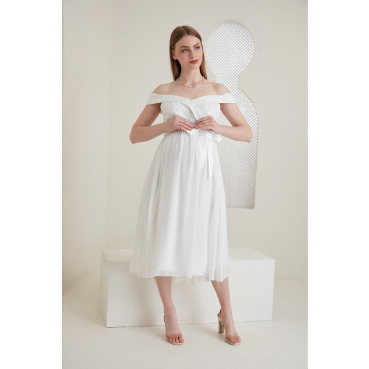 A0022-Düşük Omuz Detay Hamile Mini Abiye-Baby Shower Elbise