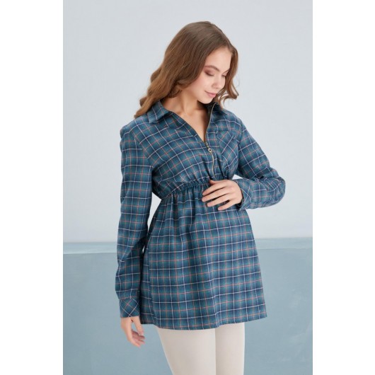 B0014-Cotton Plaid Pattern Breastfeeding Detail Pregnant Shirt