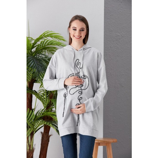 Lase Embroidery Hooded Maternity Sweatshirt-Tunic B0022