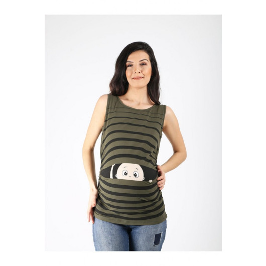 Maternity T-Shirt Without Sleeves, Striped With A Baby's Drawing