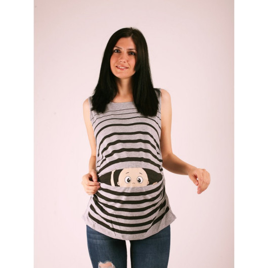Maternity T-Shirt Without Sleeves, Striped With A Baby's Drawing