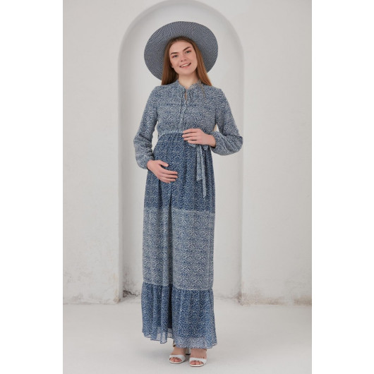 M0020-Tie Maternity Collar Maternity Maxi Chiffon Dress