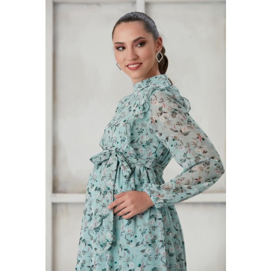 Maternity Collar Pleated Maternity Maxi Chiffon Dress M0024