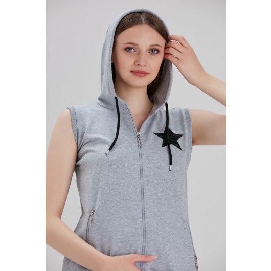 O7153-Yıldız Embroidery Hooded Maternity Tracksuit Set