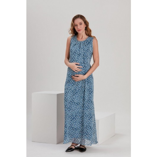 O7194-Water Stone Collar Daisy Flower Maternity Maxi Dress
