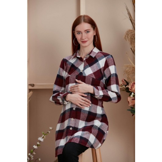 O7209-Breastfeeding Detail Pregnant Lumberjack Plaid Shirt