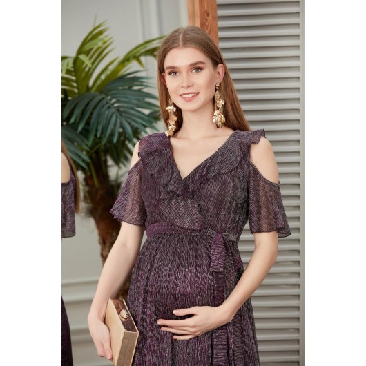 Silvery Pleat Baby Shower Special Maxi Maternity Dress
