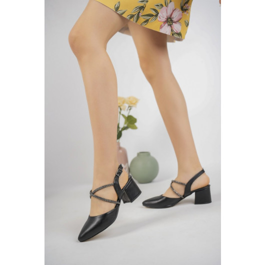 Women's Black Stone Short Heeled Shoes