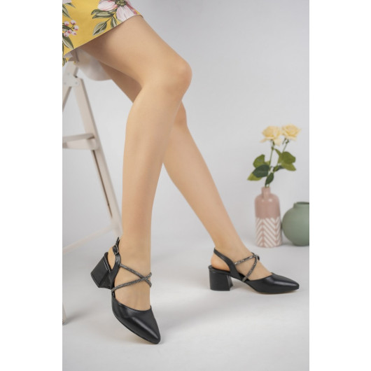 Women's Black Stone Short Heeled Shoes