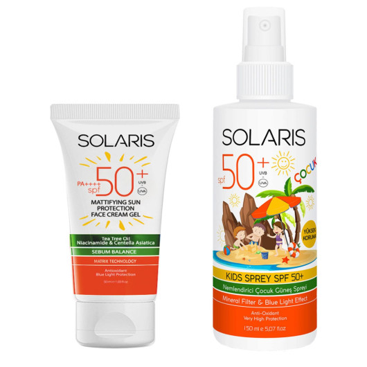 Solaris Gel Sunscreen For Oily Skin Types Spf 50+ (50 Ml) And Children's Sunscreen Spray Spf 50+ (150 Ml)