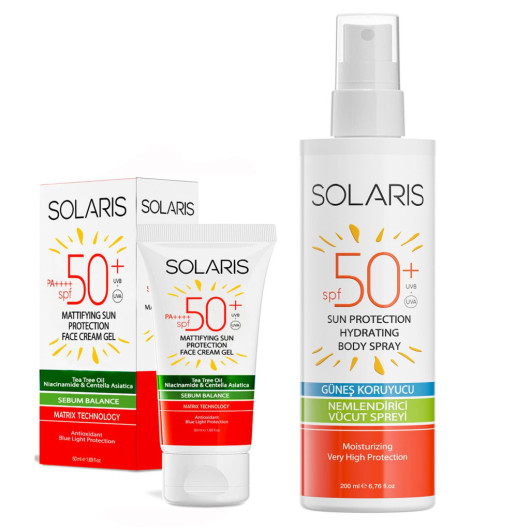 Solaris Gel Sunscreen For Oily Skin Types Spf 50+ (50 Ml) And Sunscreen Cream Spray Spf 50+ (200 Ml)
