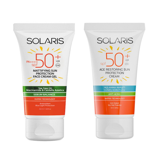 Solaris Gel Sunscreen For Oily Skin Types Spf 50+ (50 Ml) And Anti-Aging Sunscreen Spf 50+ (50 Ml)