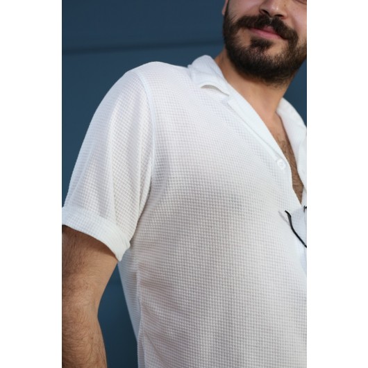 White Patterned Short Sleeve Polo Neck Style Oversize Shirt