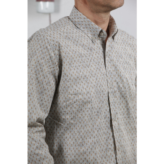 Men's Beige Long Sleeve Cotton Fabric Patterned Shirt