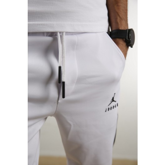 Men's White Scuba Fabric Bottom Cuffed Sweatpants