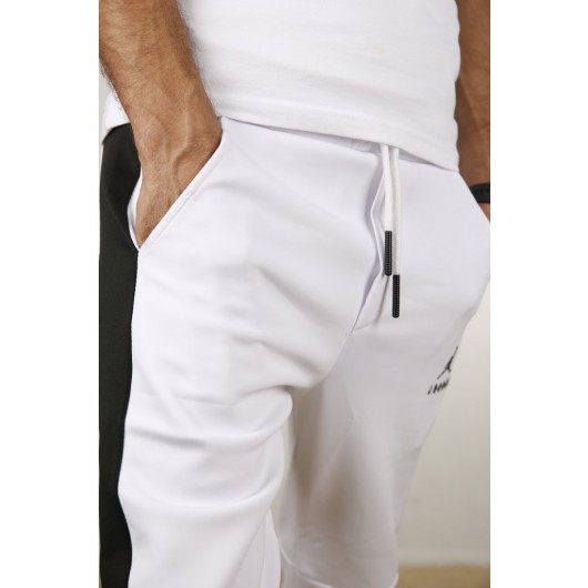 Men's White Scuba Fabric Bottom Cuffed Sweatpants