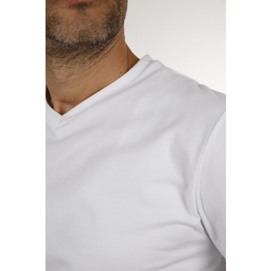 Men's White V-Neck Slim Fit Short Sleeve T-Shirt
