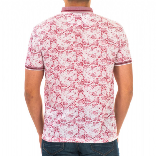 Men's Claret Red Digital Print Patterned Polo Collar Short Sleeve T-Shirt