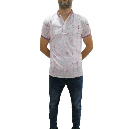 Men's Claret Red Digital Print Patterned Polo Collar Short Sleeve T-Shirt