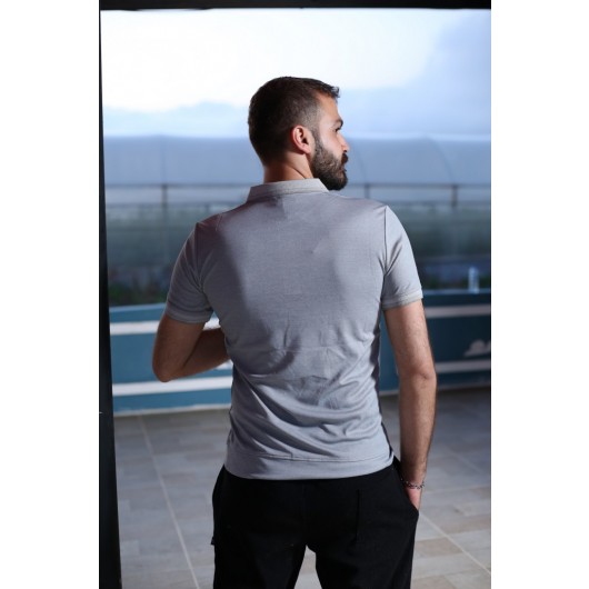 Men's Gray Short Sleeve Patterned Polo Neck T-Shirt