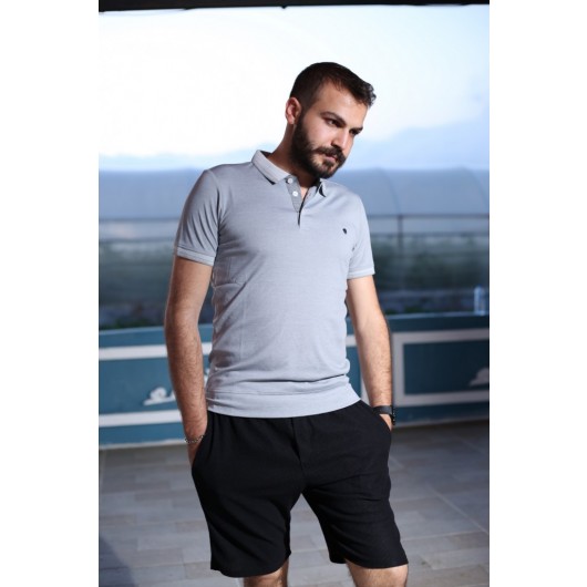 Men's Gray Short Sleeve Patterned Polo Neck T-Shirt