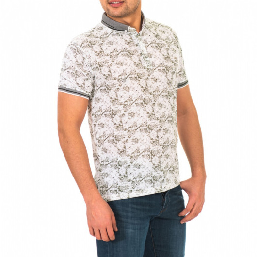 Men's Khaki Digital Print Patterned Polo Neck Short Sleeve T-Shirt