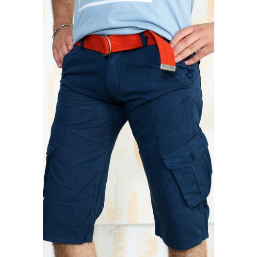 Men's Navy Blue Cargo Pocket Casual Linen Shorts