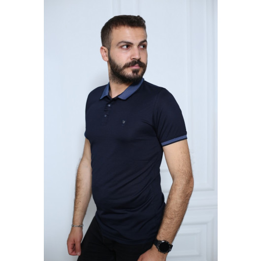 Men's Navy Blue Short Sleeve Polo Neck Style T-Shirt