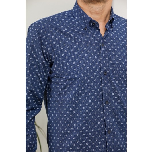 Men's Navy Blue Long Sleeve Cotton Fabric Patterned Shirt Gm8281-03