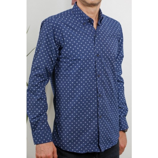 Men's Navy Blue Long Sleeve Cotton Fabric Patterned Shirt Gm8281-03