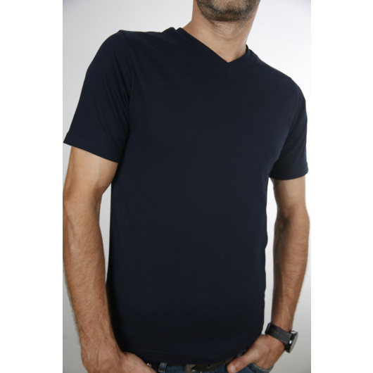 Men's Navy Blue V-Neck Slim Fit Short Sleeve T-Shirt